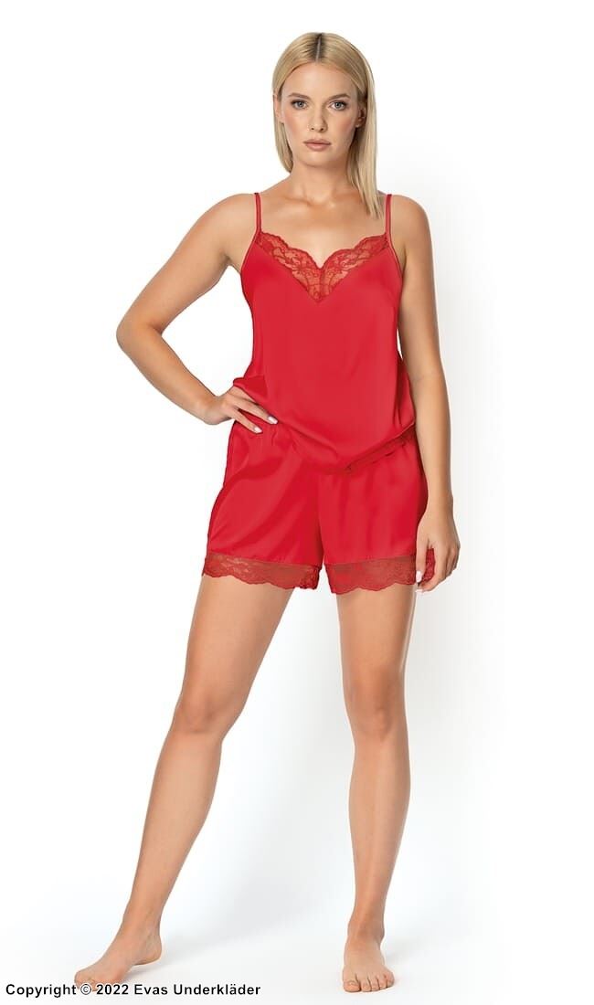 Pyjama mit Top und Shorts, Satin, dünne Träger, Spitzenkante